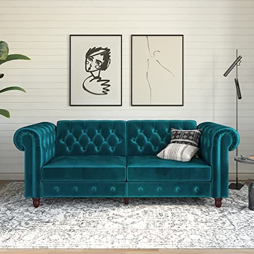 Image of DHP Furniture Felix Chesterfield Sofa Bed Velvet Teal, 224 x 85 x 81cm (W x D x H)
