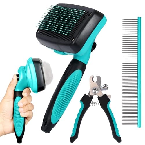 Image of Belle Vous Dog Brush Grooming Kit - Self-Cleaning Pin Slicker Brush, Nail Cutters & Comb - Removes Loose Fur & Tangles - Long/Short Hair Cats & Dogs