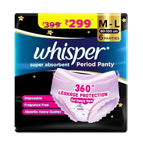 Image of Whisper Bindazzz Night Pants | 6 M-L Briefs | Up to 0% Leaks | 360 Degree Leak Protection | Full Back Coverage | Suitable for Heavy Flow | Flexible Fit |