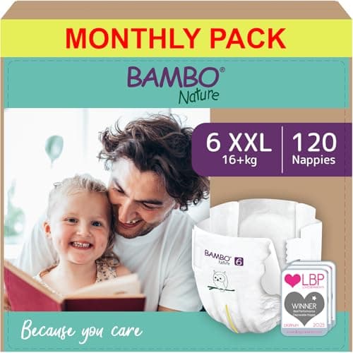 Image of Bambo Nature Premium Eco Nappies, Size 6 (35+ lb/16+ kg), XXL, 120PK, Eco-Labelled, Enhanced Leakage Protection, Secure and Comfortable Baby Nappy