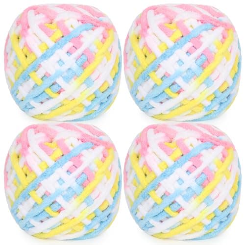 Image of Aeelike Chunky Yarn for Crochet - 4 x 100g Soft Fluffy Multi Coloured Thick Ombre Yarn - Chunky Knitting Wool for Blanket, Sweaters, Scarves, Bags & Plush Projects - Pink Yellow Blue and White