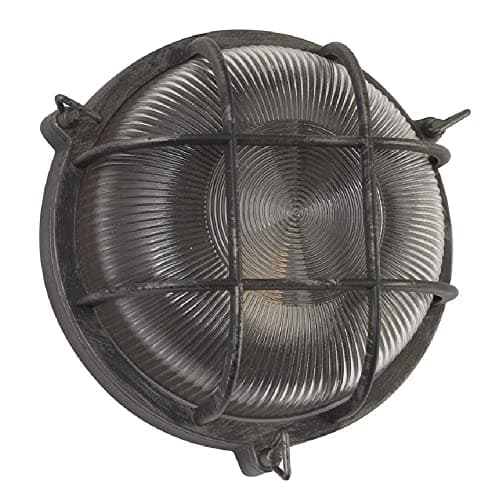 Image of Britalia Black Silver & Ribbed Glass Outdoor Vintage Round Flush Bulkhead Wall Light | 280mm Diameter | IP44 Rated | 1 x ES E27 Lamp Bulb Required | Bathroom Use | UK Approved