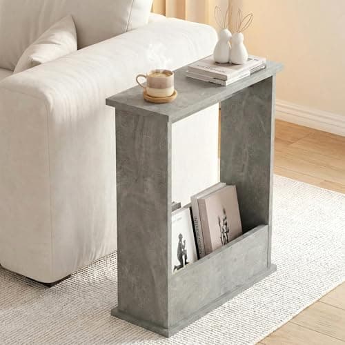 Image of Blisswood Side Table, Slim Side Table with Magazine Rack, Modern Small Sofa End Tables for Living Room and Office, Narrow Bedside Tables for Bedroom, Study (55 x 45 x 18 cm Concrete Grey)