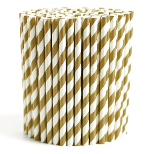 Image of 750-Pack Biodegradable Paper Straws – Thick & Non-Soggy – Plastic-Free, Recyclable, Durable Drinking, Juice, Coffee, and Cold Drinks Eco-Friendly Stripped Straws for Party - Gold & White