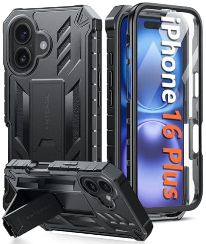 Image of FNTCASE for iPhone 16 Plus Case: Military Grade Drop Proof Protection Mobile Cover with Kickstand | Matte Textured Rugged Shockproof TPU | Protective Sturdy Phone Case - 6.7 inch Black