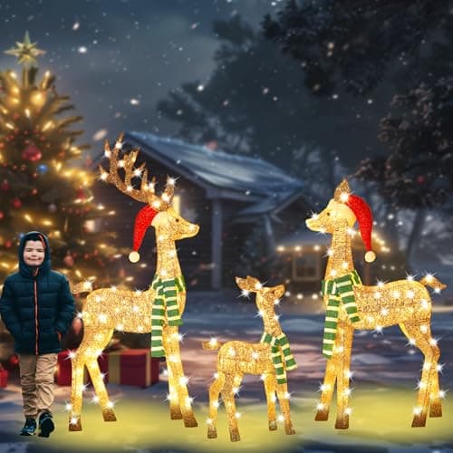 Image of HbSpacstial 58 Inch 3D Gold Large Lighted Christmas Deer Decorations 3-Piece Outdoor Holiday Decorations Reindeer Set with 210 Warm White LEDs, Large Yard Display for Garden, Storefront