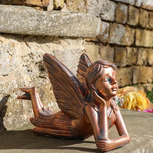Image of LOVETRENDS Laying Fairy Statue - Pack of 2-9" x 5.5" x 3" / 24.5cm x 14cm x 7.5cm Bronze-Effect Cute Fairy Garden Ornament – Perfect for Home & Garden Decor, Patio, Balcony, Yard, Lawn