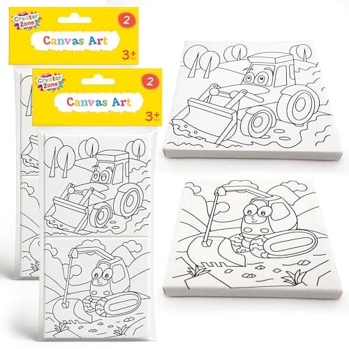 Image of Creator Zone 4pk Pre Drawn Stretched Canvas Art - DIY Kids Painting Set, Easy Colouring Craft Kit for Beginners, Arts & Crafts Group Activities, Childrens Birthday Party Supplies, Home Decoration Gift