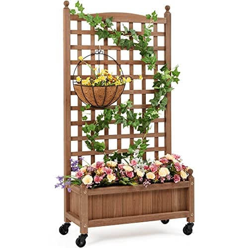 Image of Yaheetech Raised Bed Fir Wood Raised Garden Bed Raised Planter Box for Vine Climbing Plants with Trellis and Wheels for Vegetable Flower Herbs