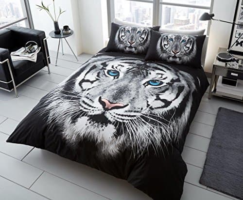 Image of GC GAVENO CAVAILIA 3D Animal Effect Quilt Cover For Children and Adults, Wildlife Double Duvet Cover Set With Pillow Cases, Reversible Tiger Face Quilt Bed Cover Set, White