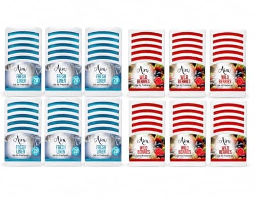 Image of Aira Gel Air Freshener Variety Pack – 12 Pack (6 Fresh Linen & 6 Wild Berries) – Long Lasting Home, Bathroom & Office Fragrance – 165g Each
