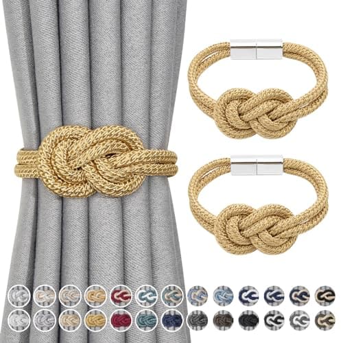 Image of Pretty Jolly 2 Pack Mini Magnetic Curtain Tiebacks Nordic Simple Style Drape Tie Backs Elegant Hand Weave Rope Knot Decorative Curtain Holdbacks for Home & Office Window Drapery (Gold)
