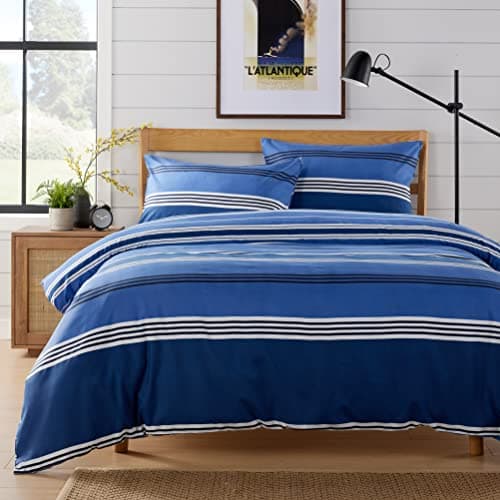 Image of Olivia Rocco Easy Care Printed Duvet Cover Set 100% Polyester Breathable Stylish Comforter Reversible Quilted Bedding Bed Sets With Pillowcases HARLOW STRIPES DUVET SET, BLUE DOUBLE