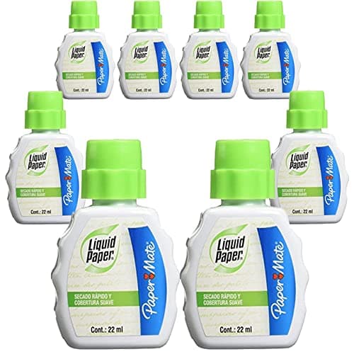 Image of 8 x Papermate Liquid Paper 22ml Correction Fluid, Fast Drying and Smooth Finish, Covers Ballpoint, Gel, Rollerball Pen Writing and Most Permanent Marker Inks - Loose in Plain Packaging