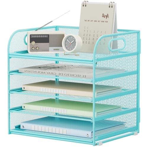 Image of 5 Tier Paper Desk Organizer with Handle and Slideable Letter Tray, A4 Paper File Folder Sorter Metal Mesh Organizer for Home Office School Desk Supplies Organization Storage - Blue