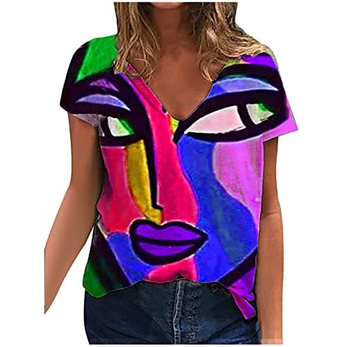 Image of Blue Gym Tops for Women Loose Fit V Neck T Shirt Women T Shirt Printing Short Sleeve Blouse Size 20 Fancy Blouse Digital Abstract Figures Top Abstract Character Casual Yellow Size L