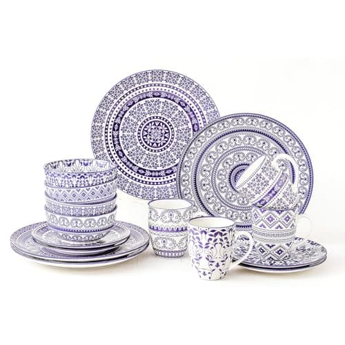 Image of simpa 16PC Blue Florentine Porcelain Dinner Set. 4 Dinner Plates, 4 Side Plates, 4 Bowls & 4 Mugs. Dishwasher & Microwave Safe.