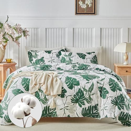 Image of Lekesky 200T Cotton Duvet Cover Sets King Size - Tropical Palm Leaf Print Green Cotton Bedding (1x Quilt Cover, 2x Pillowcases) Green King Size Bedding Sets 230x220 cm, Palm Leaf