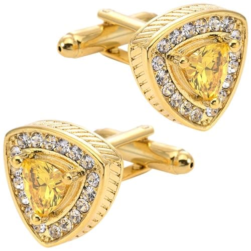 Image of Jonwo Golden Triangle Zircon Gemstone Cufflinks for Men Women Crystal Elegent Men's Cufflinks Jewelry for Wedding Party Anniversary Business Events Tuxedo Dress (Yellow Gemstone)