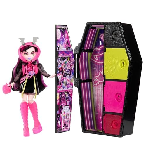 Image of Monster High Doll and Fashion Set, Draculaura Doll, Skulltimate Secrets: Neon Frights, Dress-Up Locker with 19+ Surprises, HNF78