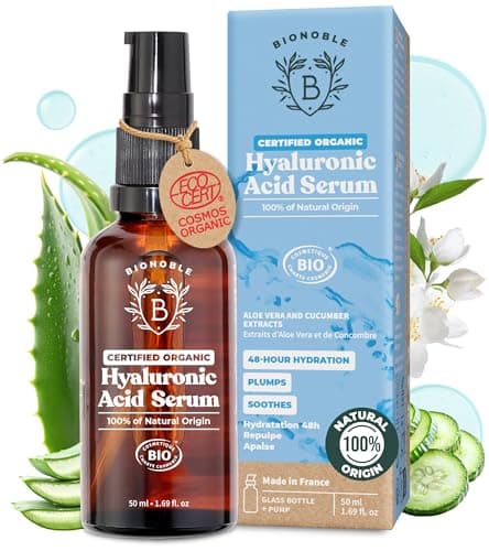 Image of BIONOBLE Hyaluronic Acid Serum for Face Certified Organic - Hydrating, Anti Aging, Wrinkle - Face Serum for Women Mature Skin and All Types - Vegan Pure Hyaluronic Acid - Glass Bottle, Pump - 50ml