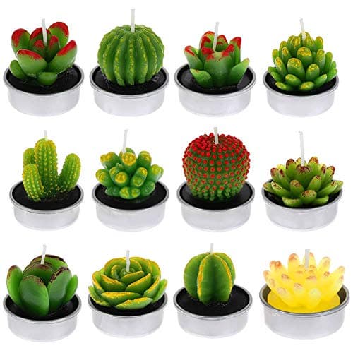 Image of FANTESI 12 Pcs Cactus Candles, Handmade Cactus Succulent Cactus Tealight for Spa Home Party Wedding Decoration Gifts (Green Cactus B)