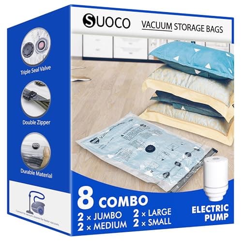 Image of SUOCO 8 Combo Vacuum Storage Bags with Electric Pump, (2 Jumbo, 2 Large, 2 Medium, 2 Small) Travel Clothes Space Saver Bags, Compression Airtight Seal Bags for Clothing, Pillows, Comforters, Blankets