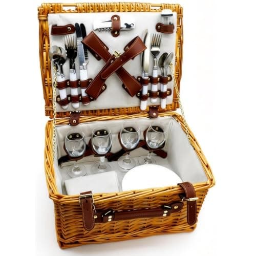 Image of Luxury Wicker Picnic Basket for 4 Person – Complete Hamper Set with Plates, Glasses, Cutlery, Napkins & Bottle Opener