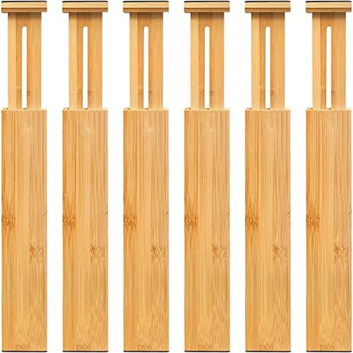 Image of VaeFae Bamboo Drawer Dividers 6-Pack, (42.5-55.5 cm) Adjustable Drawer Separators Spring Loaded Drawer Organiser Expandable Divider for Kitchen, Cultery, Clothes, Bathroom, Baby Drawer, Tools