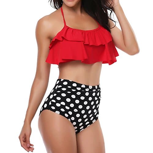 Image of TEERFU Womens Swimwear High Waisted Padded Halter Beach Bathing Suits Bikini Set, Red, M (10-12)