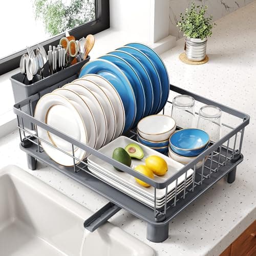 Image of SNTD Dish Drying Rack - Small Dish Rack for Kitchen Counter, Stainless Steel Dish Drainer with Utensil Holder and Drainboard, 11" W x 15" L (Grey)