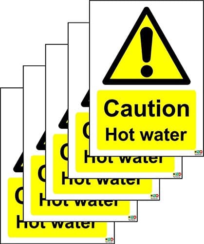 Image of Caution Hot Water Safety Sign - Self Adhesive Sticker 100mm x 75mm (Pack of 5 Stickers)