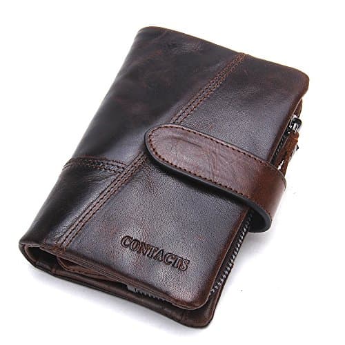 Image of CONTACTS Mens Genuine Leather Trifold Wallet Card Holder Zipper Coin Bifold Short Purse Vintage (Dark Brown)