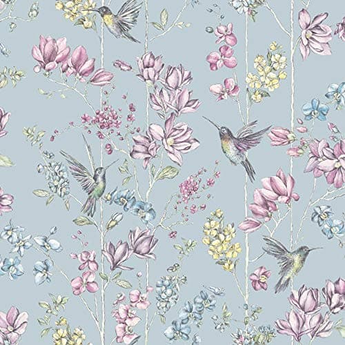 Image of Glitter Hummingbird Wallpaper Floral Teal Multi