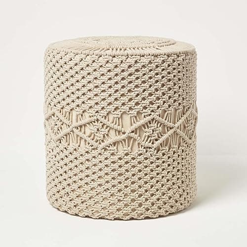 Image of HOMESCAPES Natural Macrame Knitted Pouffe 42 cm Tall 100% Cotton Crochet Round Footstool with Braided Cover