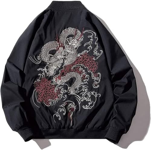 Image of XYXIONGMAO Japanese Dragon Men'S Hip-Hop Clothing Oversized Men Bomber Jacket Couple Streetwear Pilot Jacket(Black,S)
