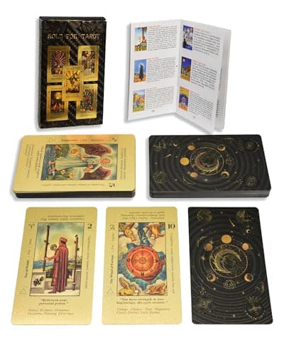 Image of 78 Piece Gold Foil Tarot Deck, Cards with 36 Page Guide Book, PVC, Waterproof & Anti-Wrinkle, Foil Tarot Cards Deck for Beginners Waterproof and Durable (Sun, Moon and Stars)