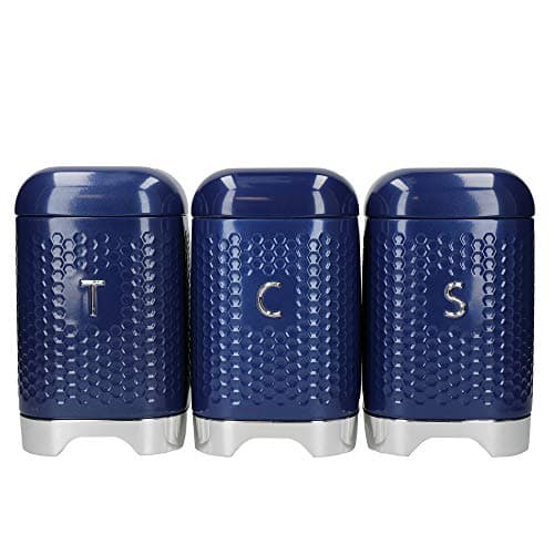 Image of KitchenCraft Lovello Storage Canisters for Tea Coffee and Sugar in Gift Box, Textured Hexagonal Finish, Steel, Midnight Navy