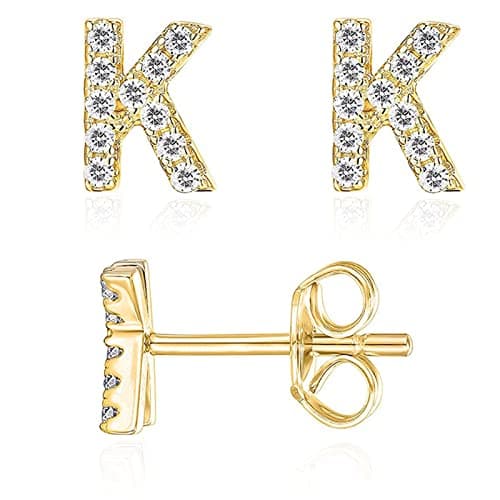 Image of Initial Stud Earrings for Girls 18K Gold Plated CZ Simulated Diamond Stud Earrings Hypoallergenic Earrings for Women (K)