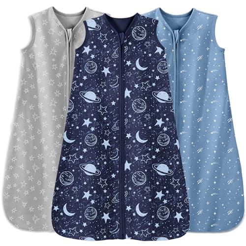 Image of Unnivoll Baby Sleeping Bag Newborn 0.5 Tog Sleep Sack 3 Pack 100% Cotton Baby Wearable Blanket for Boy Girl Toddler 12-18 Months Gray Blue Planet