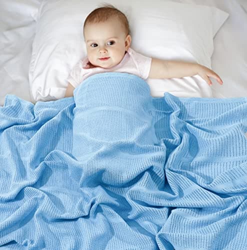Image of Sapphire Collection Cotton Cellular Baby Blanket Breathable Soft 100% Cotton Cellular Baby Blankets for Pram/Travel/Moses Basket, Cots, Pushchairs One Size 75 x 95 cm(Blue)