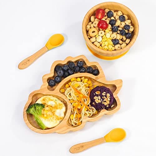Image of Vinsani Bamboo Dinosaur Plate Bowl and Spoon Set for Baby Toddler Kids Children, Suction Plate, Stay-Put Non-Slip Base Design Hypoallergenic Food-Grade Silicone and BPA-Free Baby Feeding Set (Yellow)