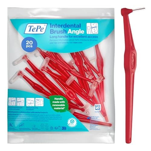 Image of TePe Interdental Brush Angle, Red, 0.5mm/ISO 2, 20pcs, Interspace Cleaning, Plaque Remover for Teeth with Narrow Gaps, ensures Strong Gums and Teeth