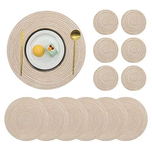 Image of Pauwer Woven Table Placemats and Coaster sets 6, Round Cotton Dinner Table Mats Anti Slip Heat Resistant Place Mats Easy Clean