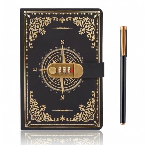 Image of SIMDAO A5 Journal With Lock, Vintage Leather Compass Diary, 200 Pages Lined Paper Notebook With Pen, Secret Diary With Combination Password, Locked Journal for Men Women, Study, Travel Writing