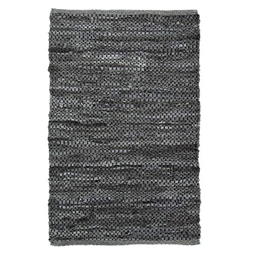 Image of Bravich Grey Leather Chindi Rug Handmade Area Rag Rug 100% Recycled Leather Cotton Floor Mat Hand Woven Traditional Indian 60x90cm (2'x3')