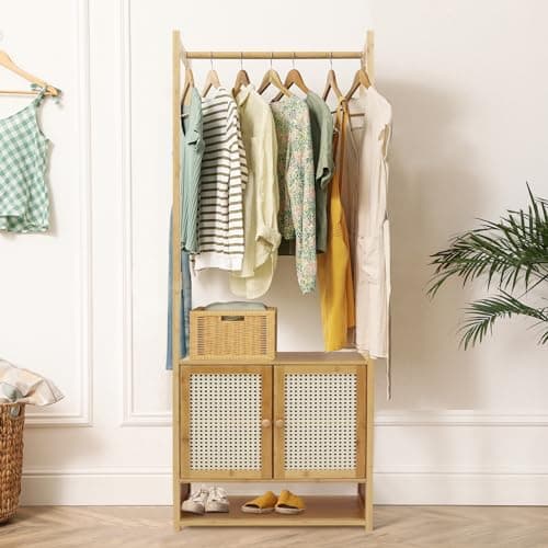 Image of unho Bamboo Clothes Rack Storage: Open Wardrobe with Cabinet Clothing Hanging Rail Coat Stands Free Standing Garment Rack for Bedroom Living Room Hallway 52x31.5x168cm