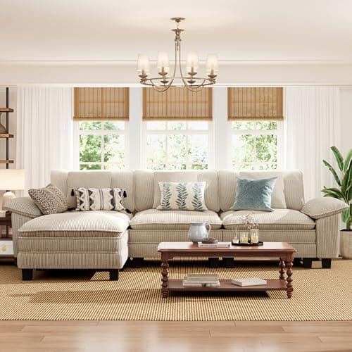 Image of PHI VILLA Corner Sofa Set 315 CM Modular Sofas with L Shaped Couches Oversized 4 Seater Deep Seat Sofa with Cushions & Movable Footrests for Sitting Room Corduroy Fabric Beige