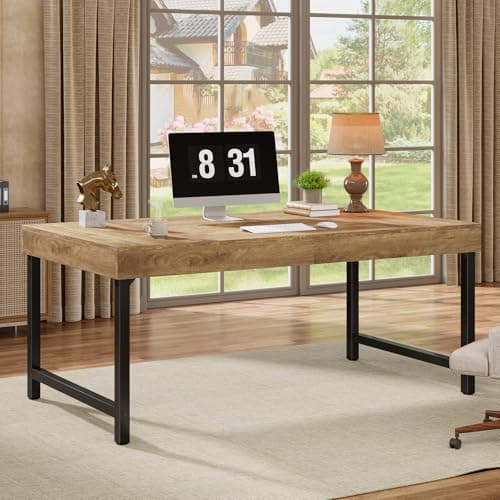 Image of Tribesigns 55" Industrial Executive Desk for Home Office, Rustic Simple Computer Laptop Desk with Strong Metal Legs, Study Writing Table Business Workstation, Small Conference Table (Brown)