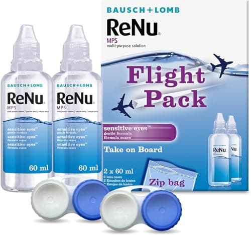 Image of ReNu Multi-Purpose Travel Contact Lens Solution, 2X 60ml Flight Pack Size - for Soft Lenses, Gentle on Sensitive Eyes, Clean, Disinfect, Rinse, Lubricate and Store Your Lenses, Lens Case Included